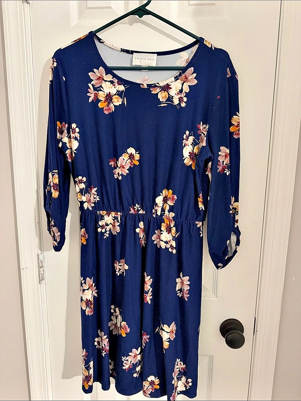 French Grey Navy Floral 3/4 Tab Sleeve Elastic Waist Dress Large